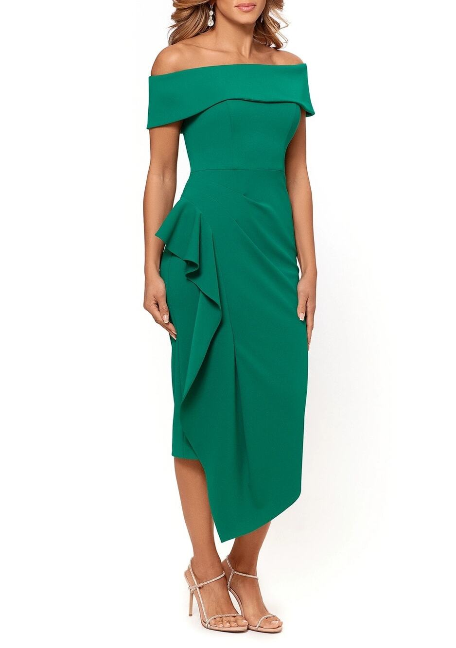 NWT Betsy & Adam 'Maya' Green Off Shoulder Ruffle Scuba Crepe Midi Dress Size 8